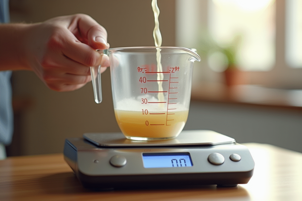 Verre mesureur avec 300g de liquide au-dessus d'une balance
