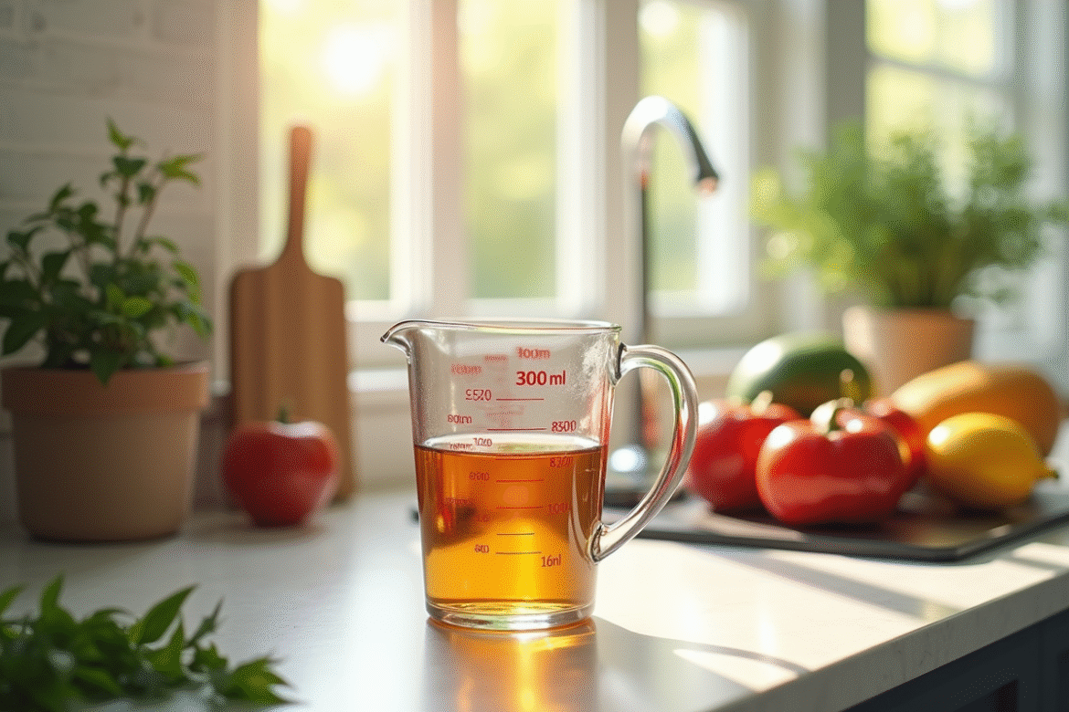 Verre mesureur rempli à 300 ml sur plan de cuisine lumineux