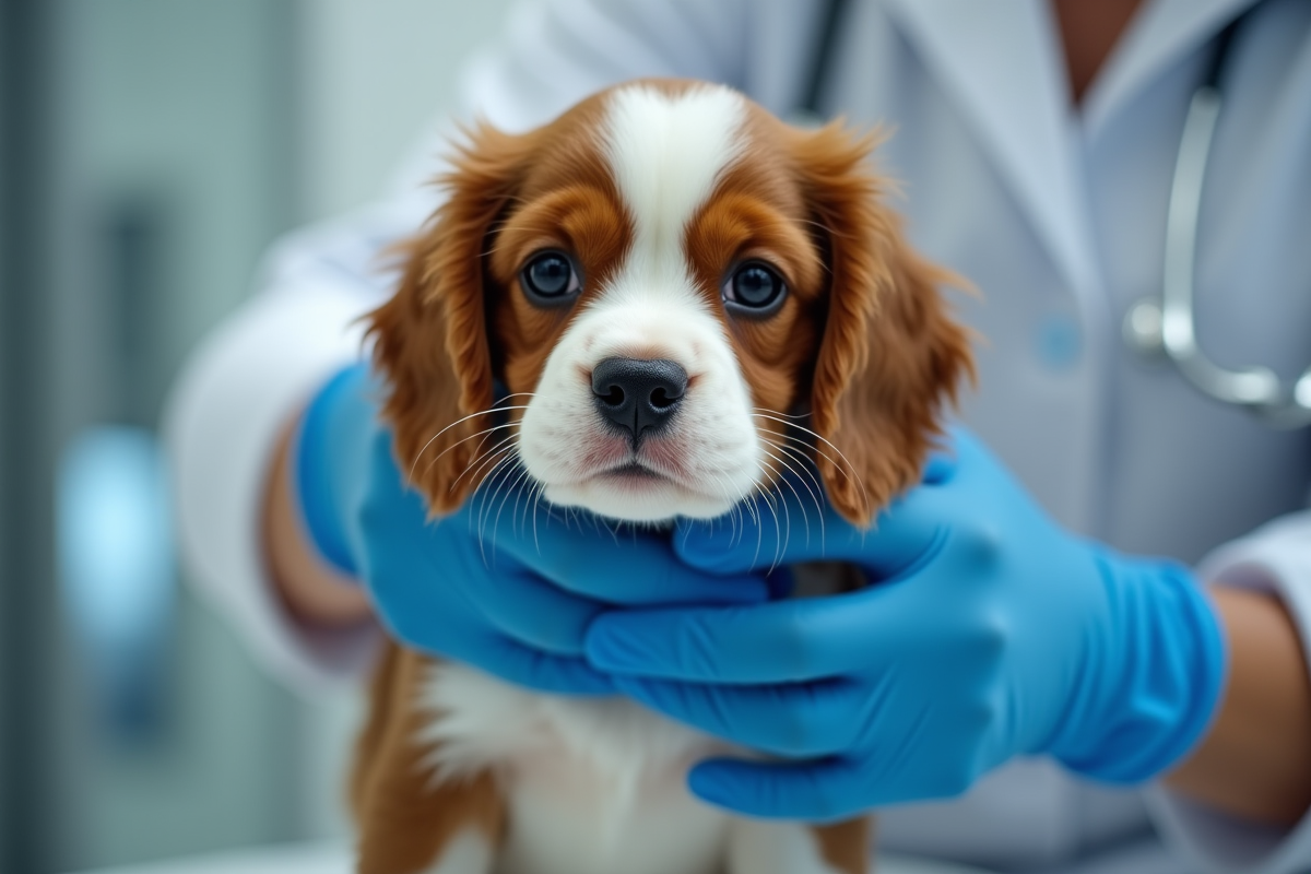 Vétérinaire examinant un chiot cavalier en clinique