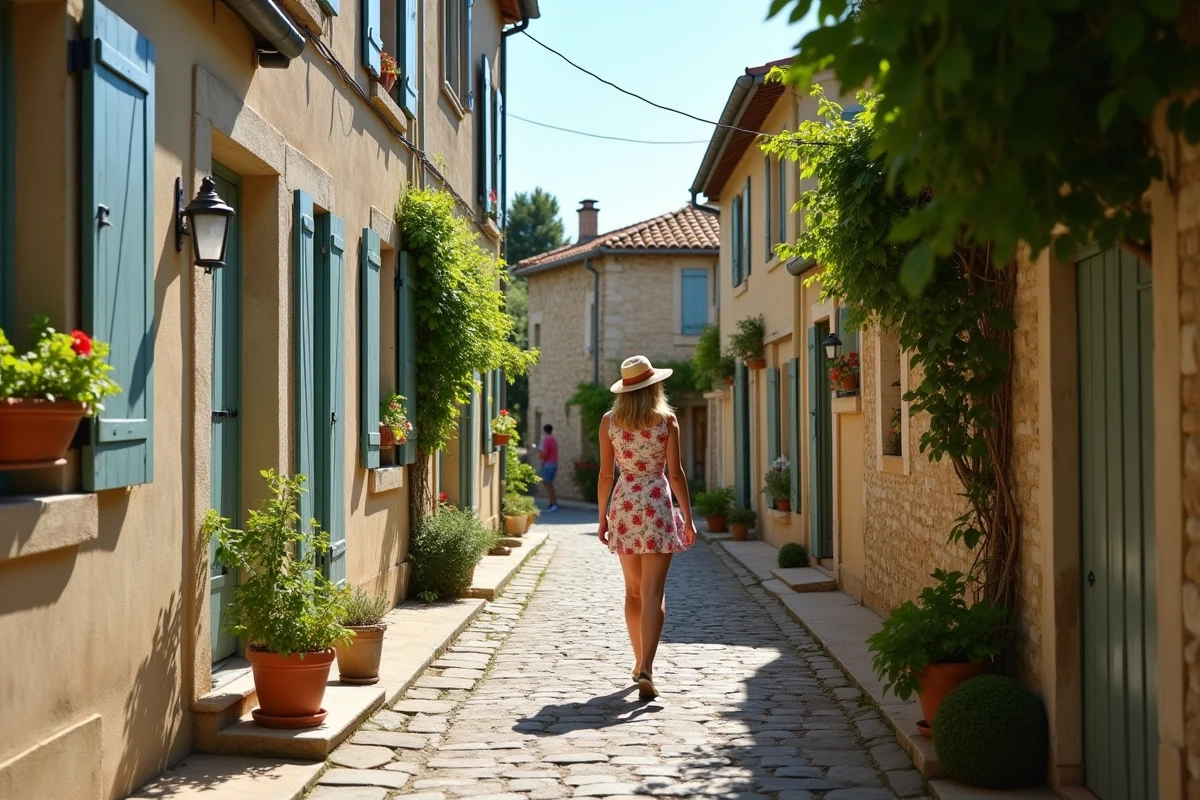 Ruelle pavée d'un village gascon voisin d'Éauze avec maisons en pierre et volets colorés