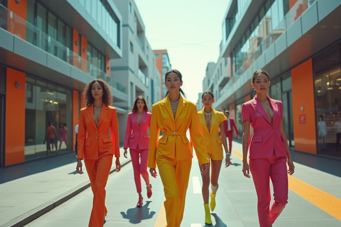 Rue futuriste en 2031 avec mode durable et architecture moderne