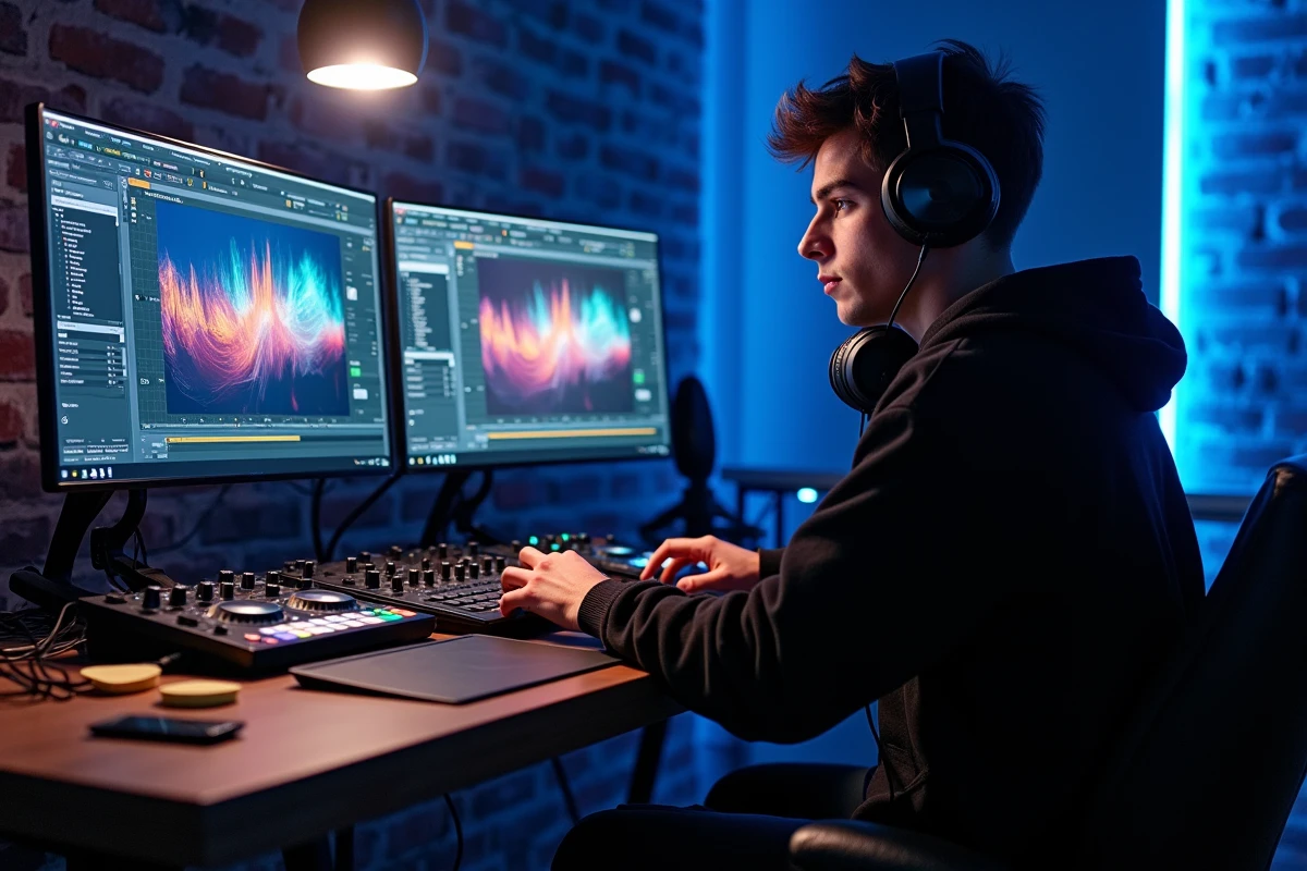 Jeune visual jockey masculin travaillant sur un logiciel VJ avec des écrans d'ordinateur affichant des boucles vidéo colorées dans un studio home-made