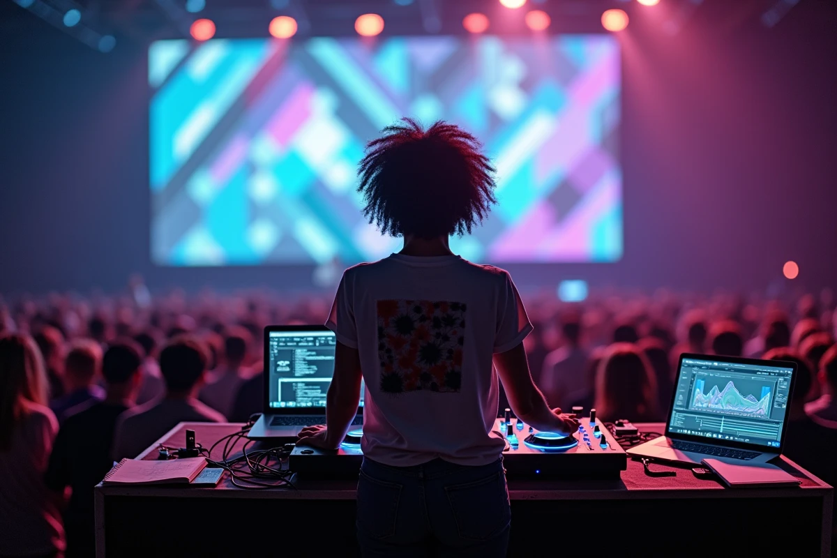 Femme visual jockey en performance live derrière une console de mixage vidéo lors d'un événement musical en intérieur