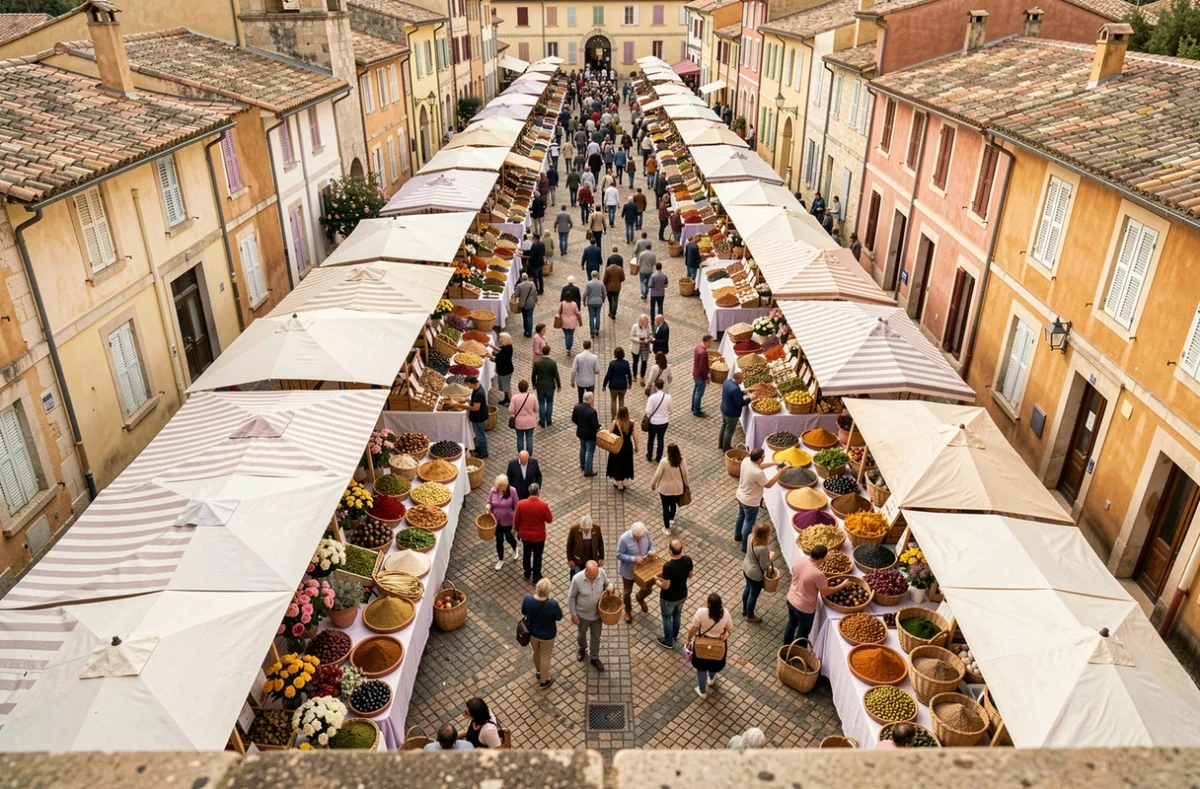 Vue aérienne du marché traditionnel d'Aix-en-Provence avec étals de fleurs, épices et artisanat sous les parasols blancs