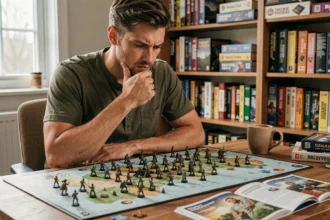 Joueur adulte concentré sur un wargame solo avec figurines et cartes hexagonales sur un bureau en bois