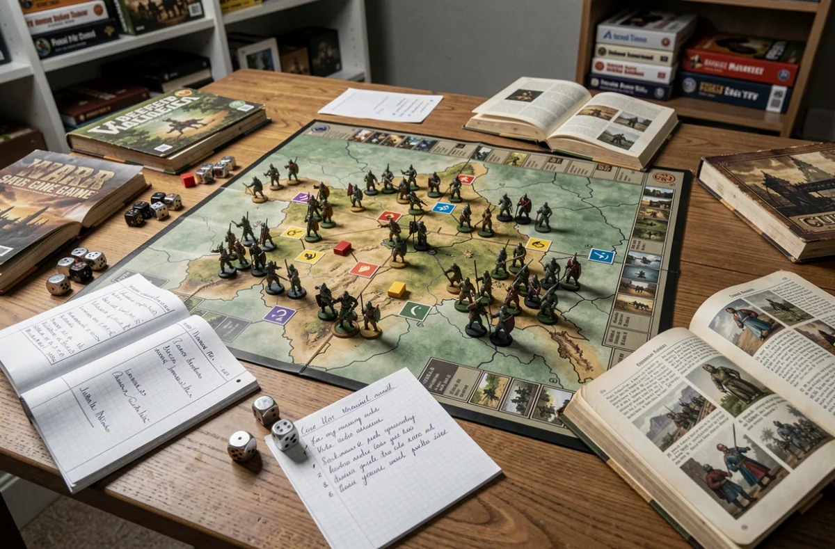 Vue aérienne d'une campagne de wargame solo avec figurines peintes, cartes et carnets de jeu sur une table