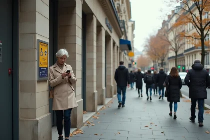 Femme consultant son smartphone en s'approchant d'un WC public moderne accessible dans une rue piétonne parisienne en automne