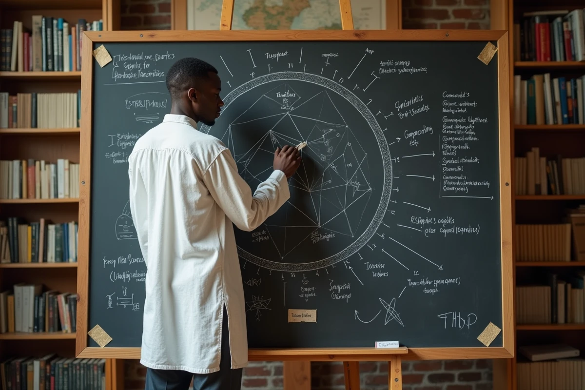 Jeune chercheur africain devant un tableau mêlant symboles rituels et schémas algorithmiques dans une salle de recherche ethnographique