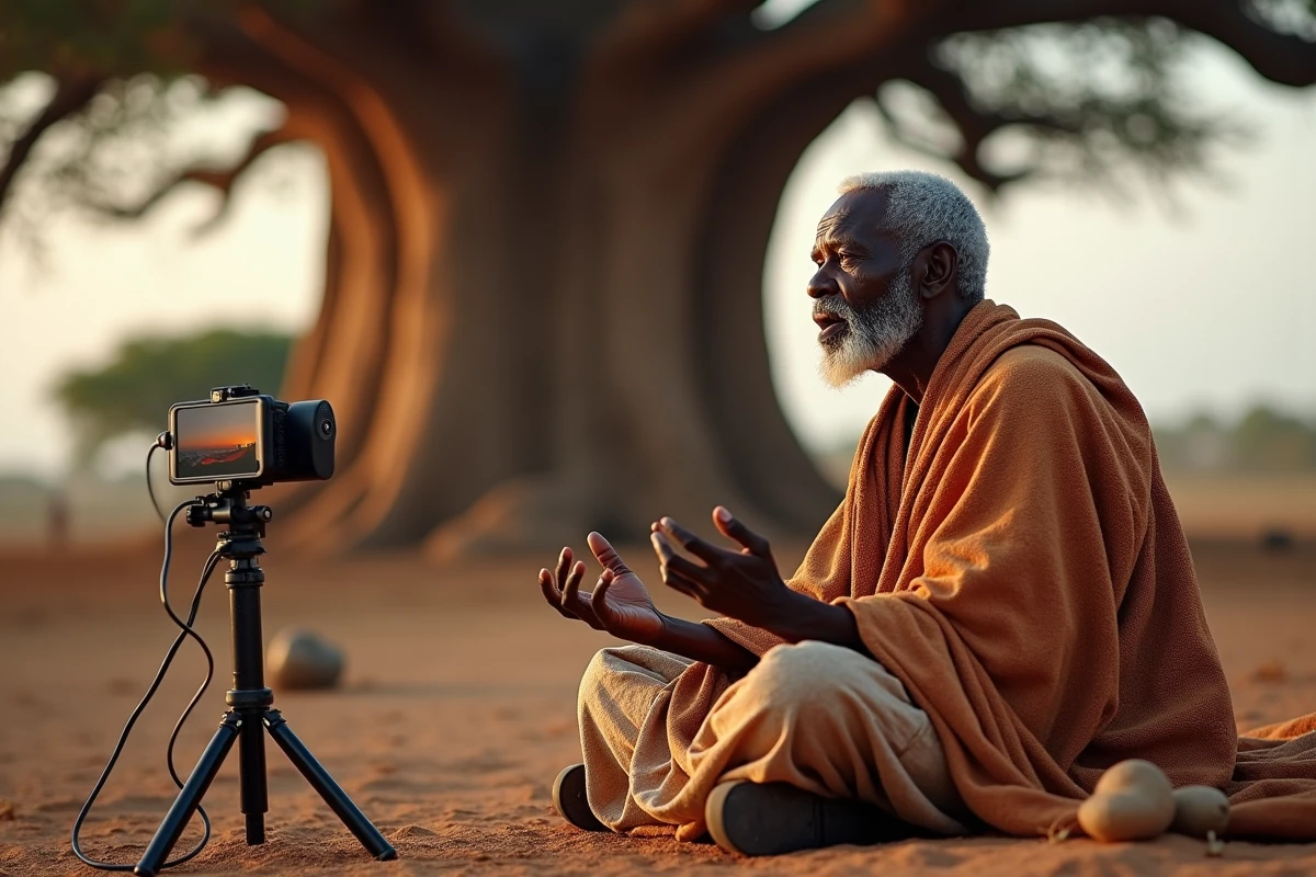 Vieux griot contant une histoire sous un baobab, filmé par un smartphone sur trépied, symbolisant la transmission orale à l'ère numérique