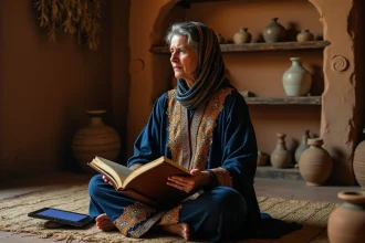 Femme en robe traditionnelle brodée tenant un manuscrit ancien dans un intérieur en argile avec une tablette numérique, alliant rite ancestral et algorithme